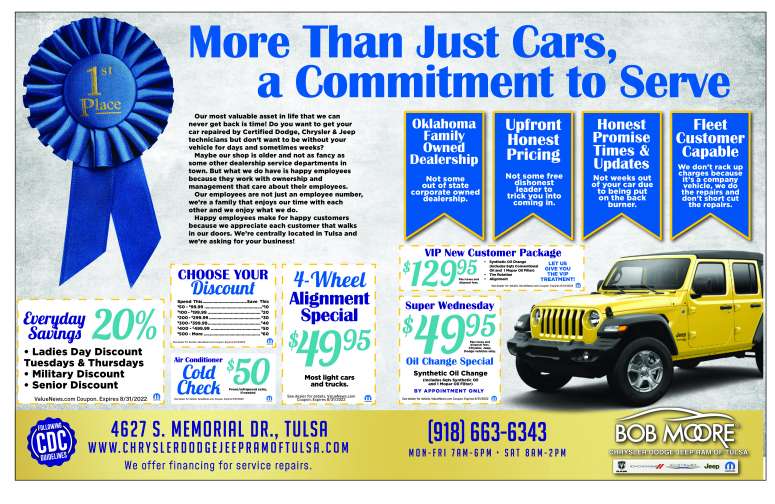 Bob Moore Chrysler Dodge Jeep Ram of Tulsa August 2022 Value News display ad image