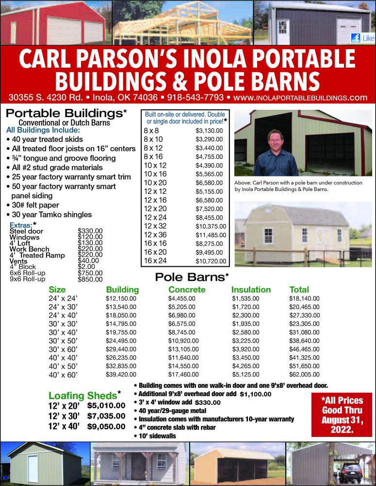 Inola Portable Buildings & Pole Barns August 2022 Value News display ad image