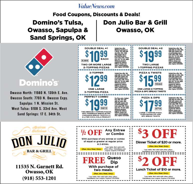 Best Restaurant Discounts, Deals & Savings - Domino's & Don Julio Bar & Grill December 2022 Value News display ad image
