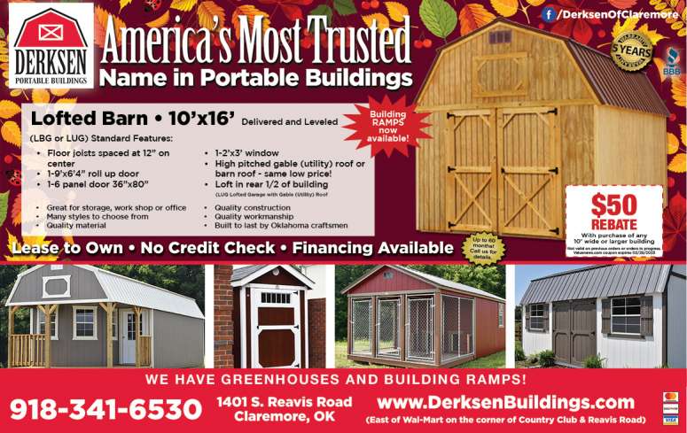 Derksen Portable Buildings of NE Oklahoma, serving Tulsa and surrounding areas; December 2022 verified savings, discounts, coupons and deals.