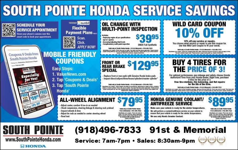 South Pointe Honda of NE Oklahoma, serving Tulsa and surrounding areas; December 2022 verified savings, discounts, coupons and deals.