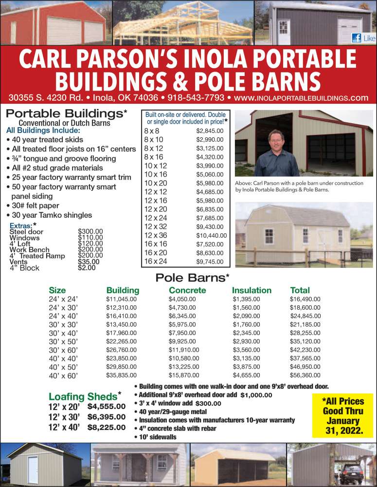 Inola Portable Buildings & Pole Barns January 2022 Value News display ad image