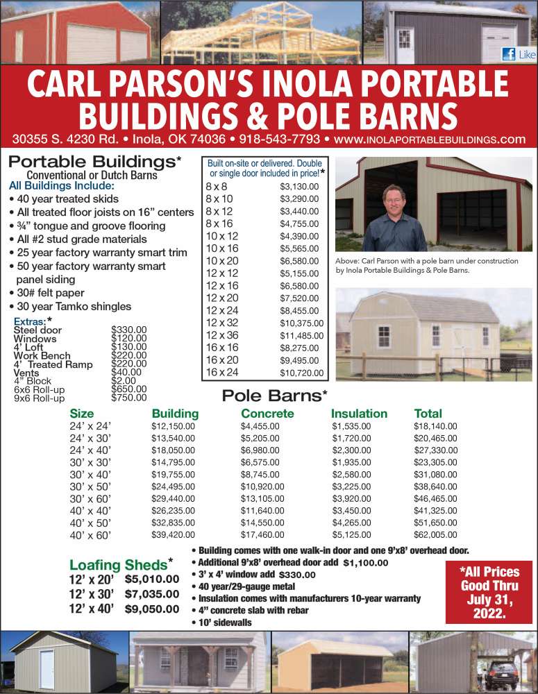 Inola Portable Buildings & Pole Barns July 2022 Value News display ad image