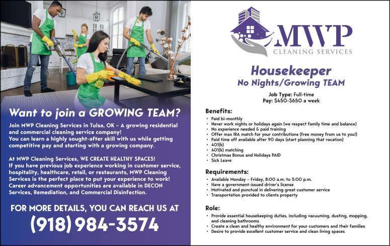 MWP Cleaning Services - Now Hiring May 2022 Value News display ad image