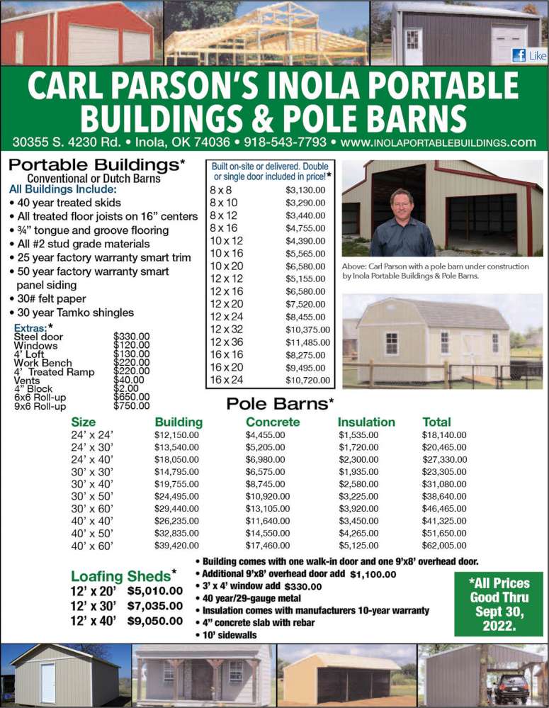 Inola Portable Buildings & Pole Barns September 2022 Value News display ad image