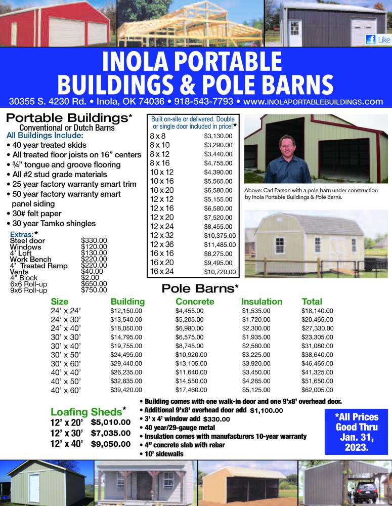 Inola Portable Buildings & Pole Barns January 2023 Value News display ad image
