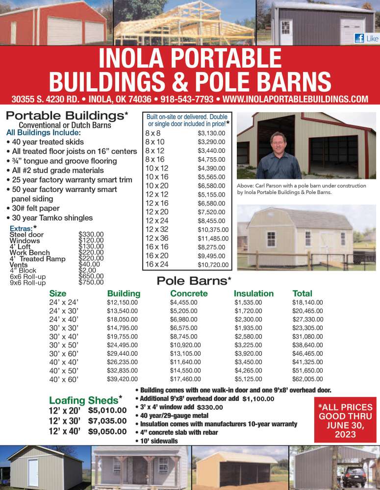 Inola Portable Buildings & Pole Barns June 2023 Value News display ad image