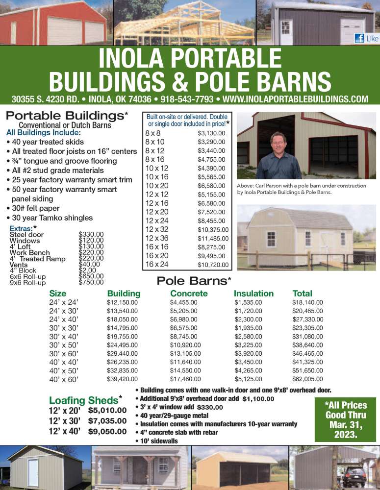 Inola Portable Buildings & Pole Barns March 2023 Value News display ad image