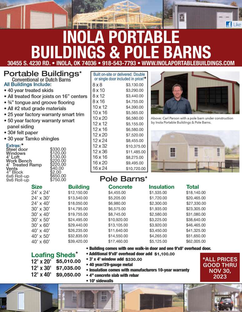 Inola Portable Buildings & Pole Barns November 2023 Value News display ad image