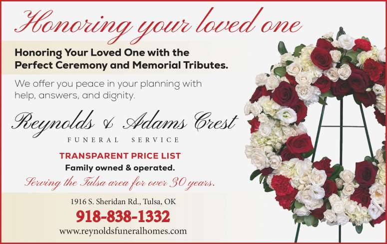 Reynolds & AdamsCrest Funeral Service November 2023 Value News display ad image