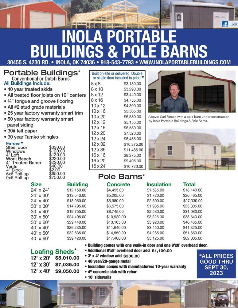 Inola Portable Buildings & Pole Barns September 2023 Value News display ad image