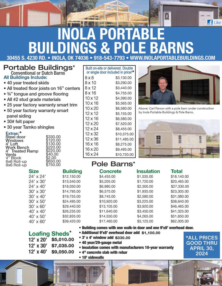 Inola Portable Buildings & Pole Barns April 2024 Value News display ad image