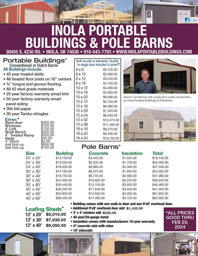 Inola Portable Buildings & Pole Barns February 2024 Value News display ad image