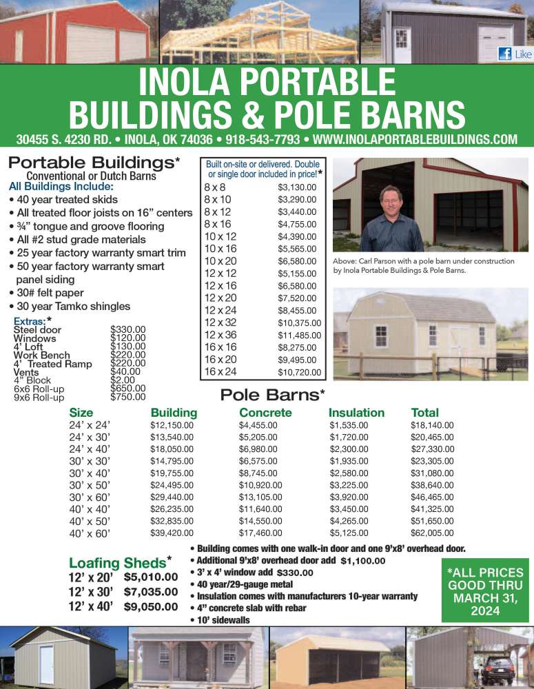 Inola Portable Buildings & Pole Barns March 2024 Value News display ad image