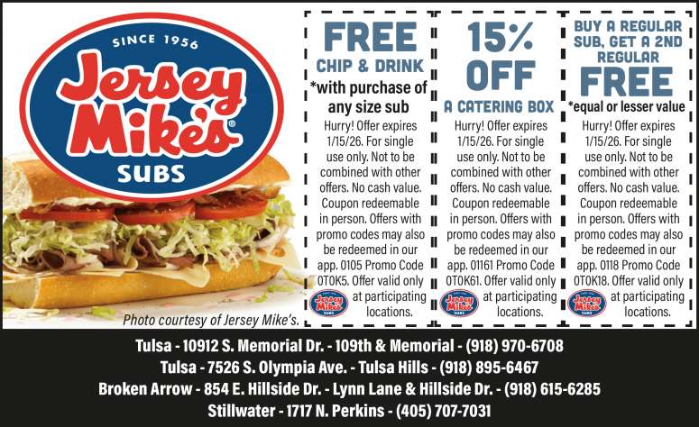 Jersey Mike's sub sandwich and coupons.
