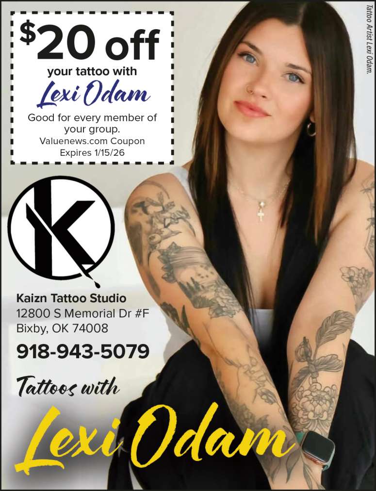 Lexi Odam, tattoo artist in Bixby, Oklahoma, plus a coupon.