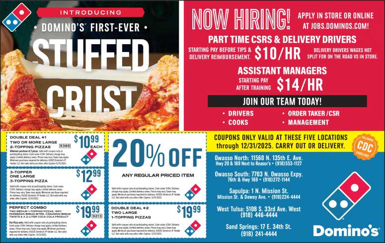 Stuffed crust pizza and coupons from Dominos.