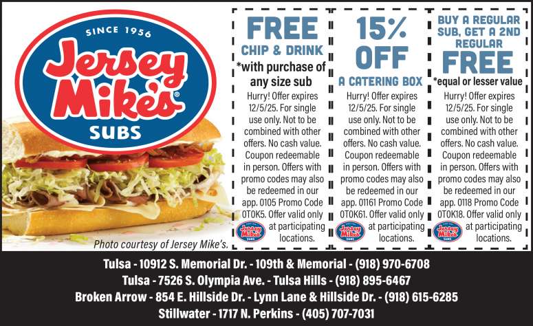 Jersey Mike's sub sandwich and coupons.