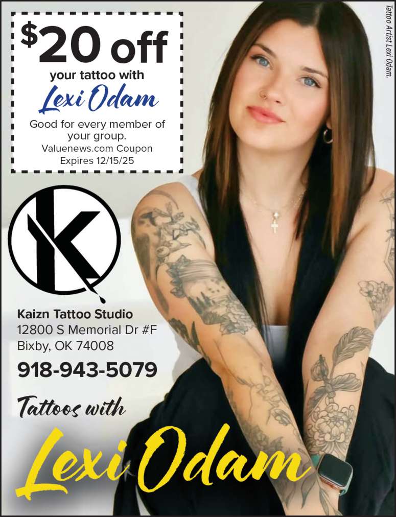Lexi Odam, tattoo artist in Bixby, Oklahoma, plus a coupon.