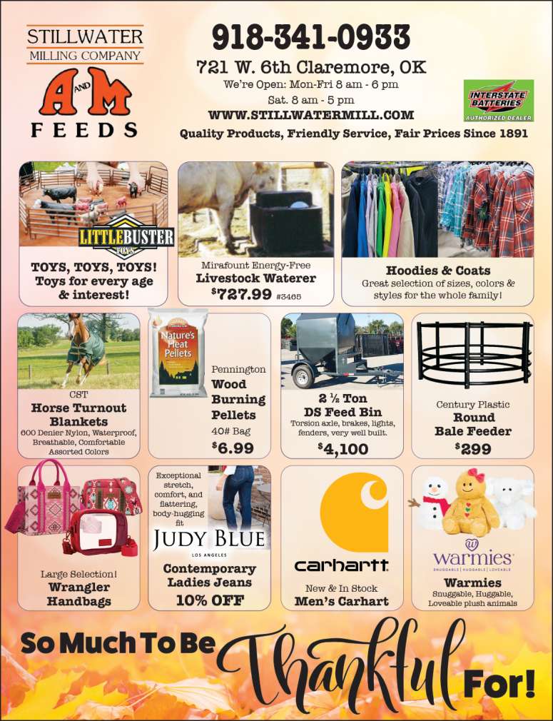 A selection of farm and ranch products available at Stillwater Milling Company.