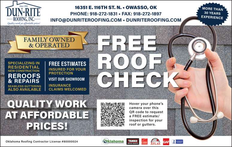 Advertisement of FREE roof checkup by Dun-Rite Roofing.