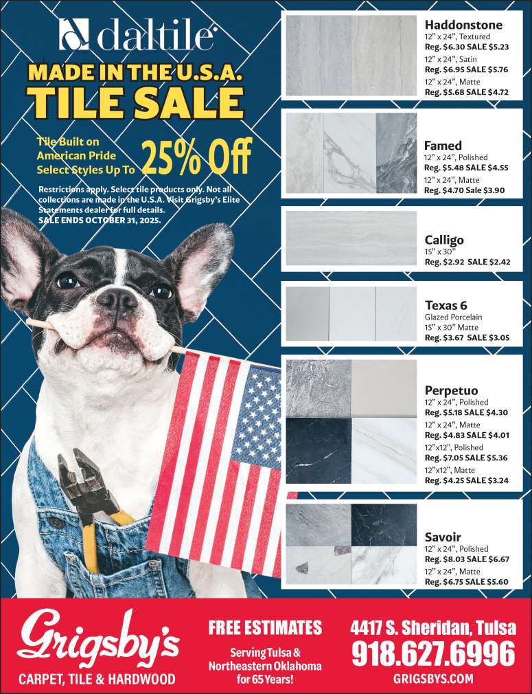 Daltile black and white dog with American flag celebrating Grigsby's sale event.