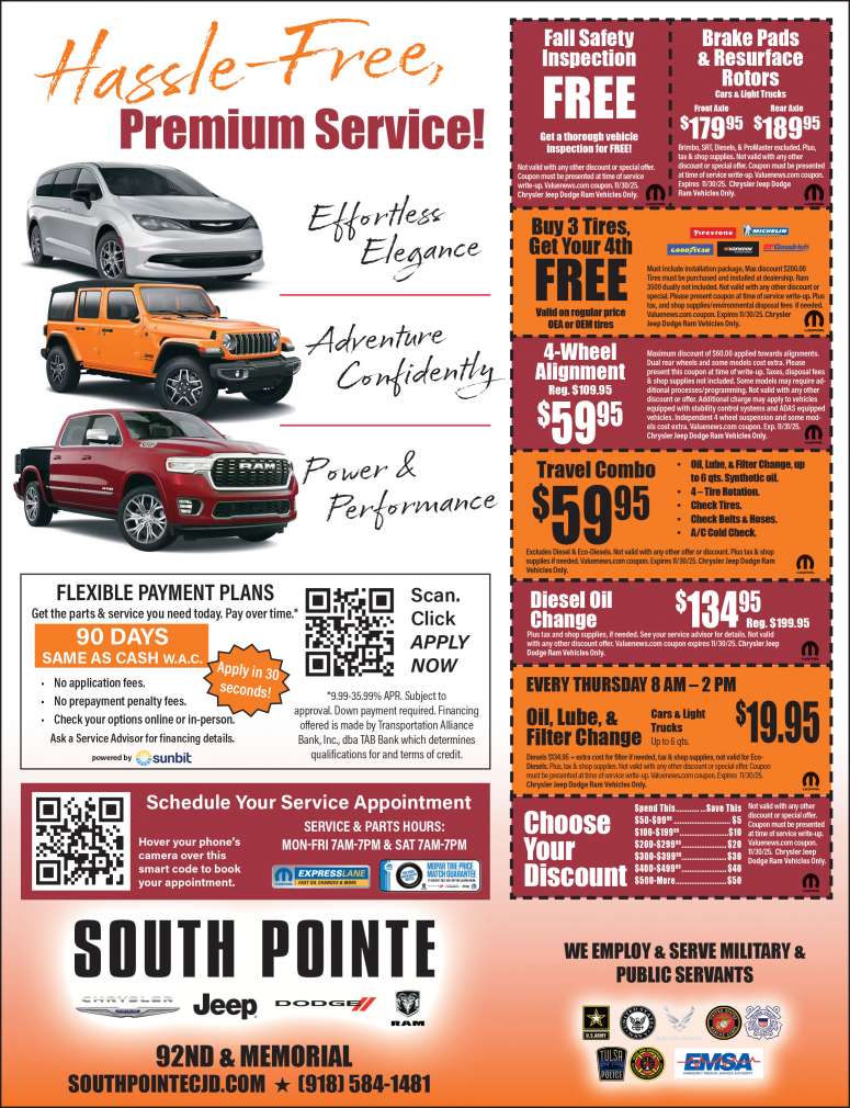 Service Coupons From South Pointe Chrysler Jeep Dodge RAM in Tulsa.