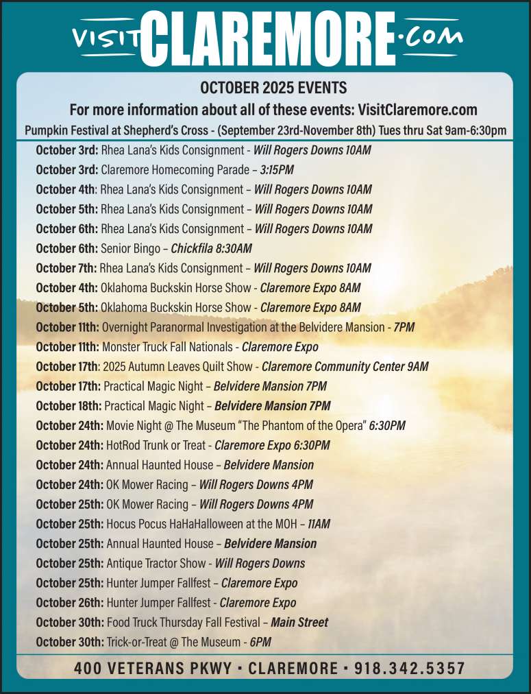 Calendar of events from Visit Claremore.