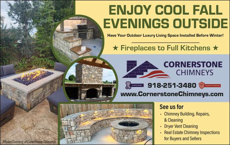 Custom-built outdoor living areas by Cornerstone Chimneys.