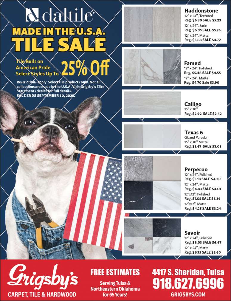 Daltile black and white dog with American flag.