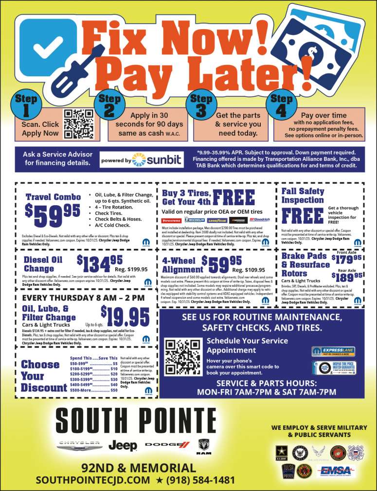 Fix now and pay later at South Pointe Chrysler Jeep Dodge RAM.