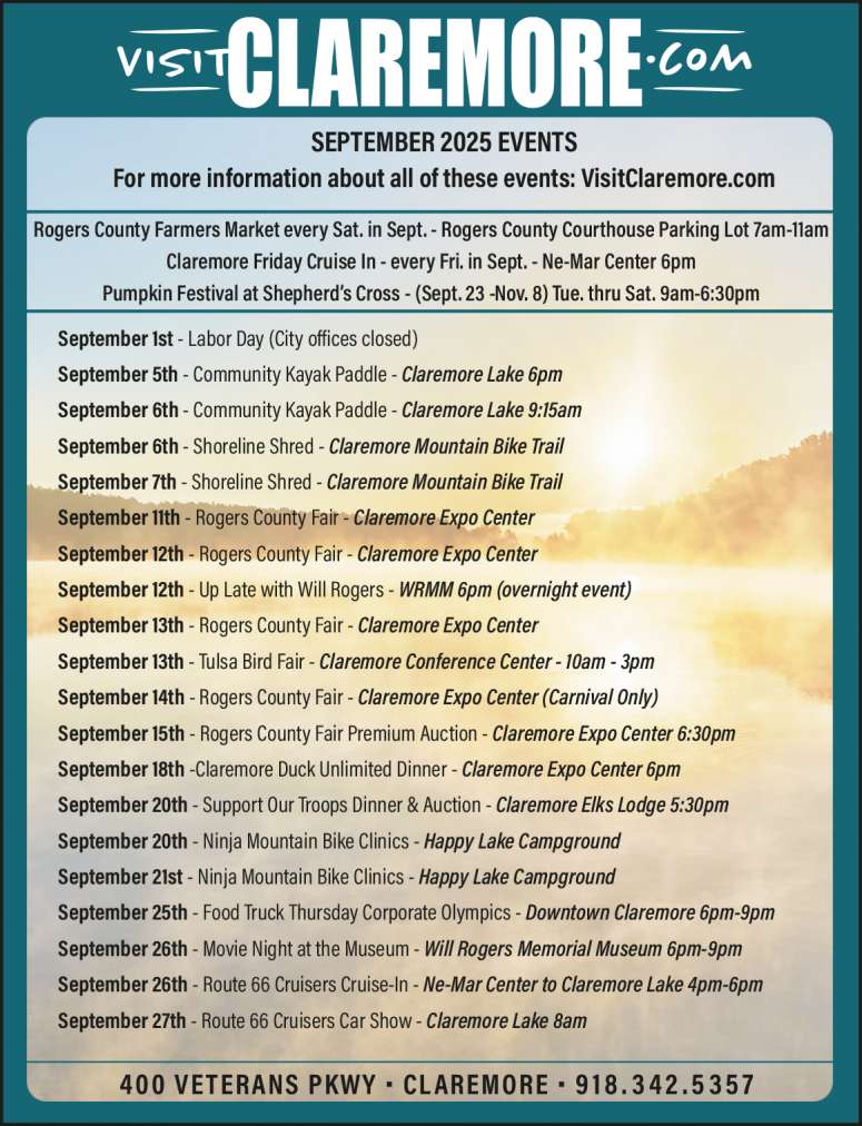 Calendar of events from Visit Claremore.