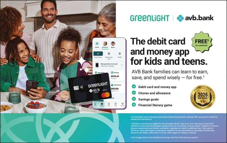 AVB Bank and Greenlight debit card helps kids learn financial literacy.