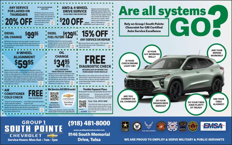 Service specials and maintenance coupons at Group 1 South Pointe Chevrolet.