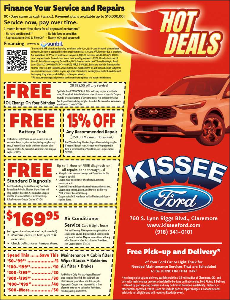 Jack Kissee Ford in Claremore has coupon savings.