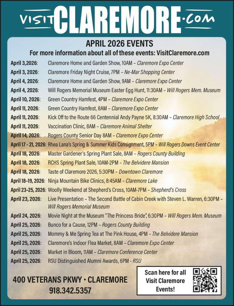 Calendar of events from Visit Claremore.