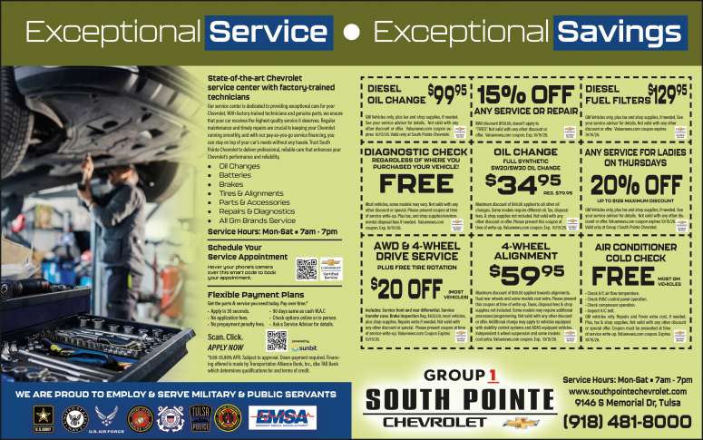 Service specials and maintenance coupons at Group 1 South Pointe Chevrolet.
