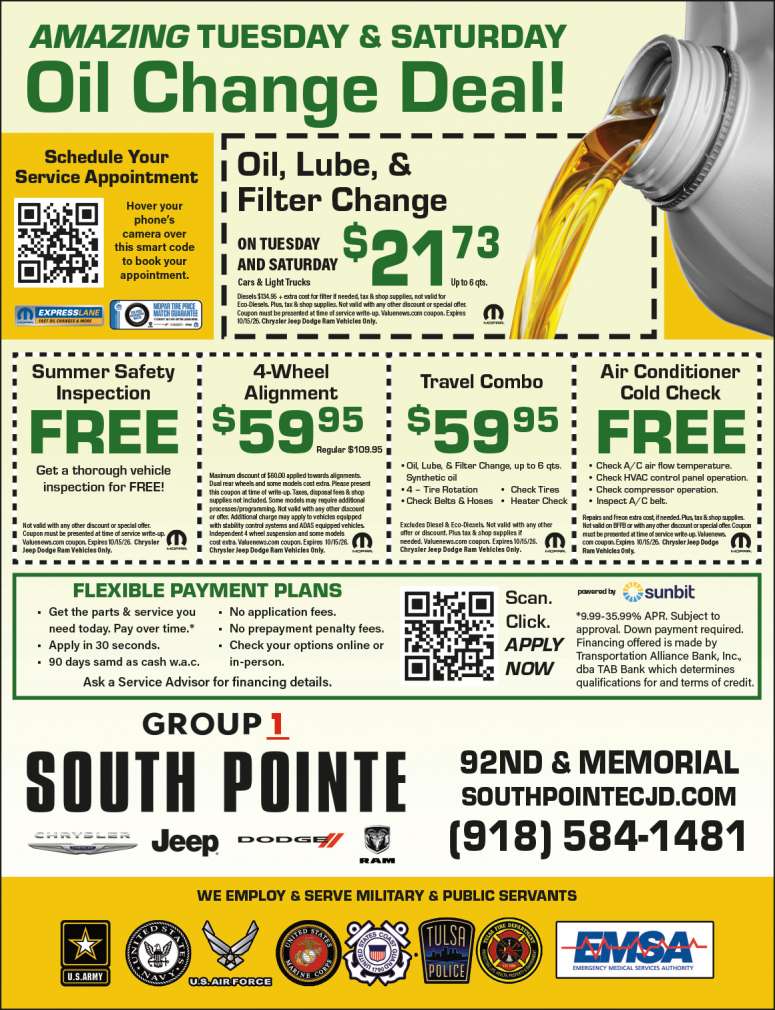 Service Coupons From Group 1 South Pointe Chrysler Jeep Dodge RAM in Tulsa.