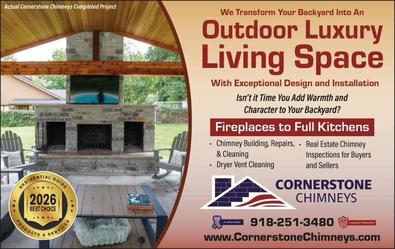Custom-built outdoor living areas by Cornerstone Chimneys.