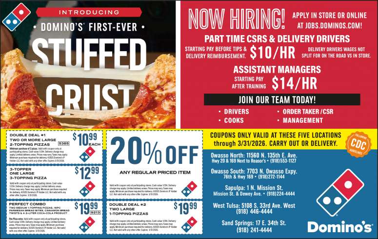 Stuffed crust pizza and coupons from Dominos.