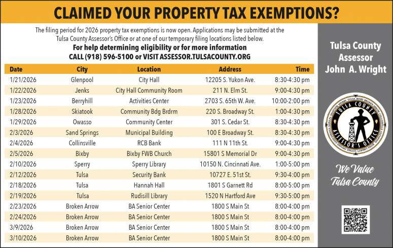 Times and locations for submitting 2026 Tulsa County property tax exemptions.