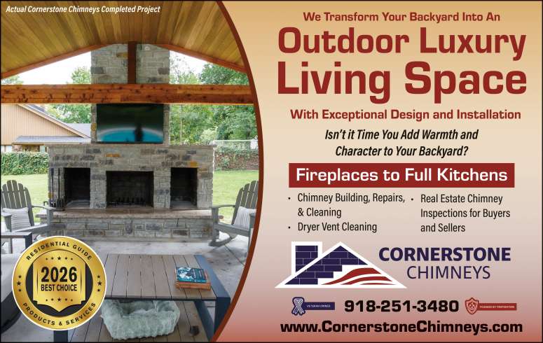 Custom-built outdoor living areas by Cornerstone Chimneys.