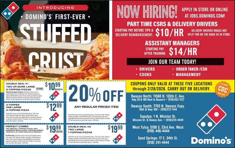 Stuffed crust pizza and coupons from Dominos.