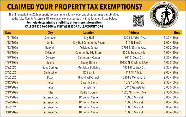 Times and locations for submitting 2026 Tulsa County property tax exemptions.