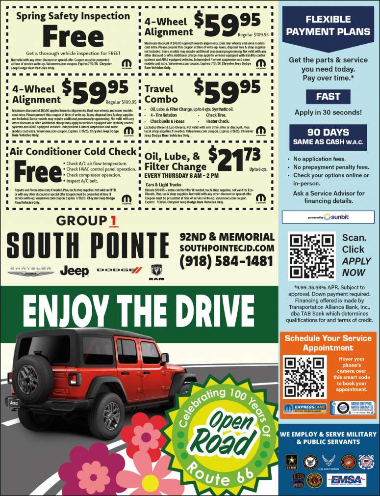 Service Coupons From Group 1 South Pointe Chrysler Jeep Dodge RAM in Tulsa.