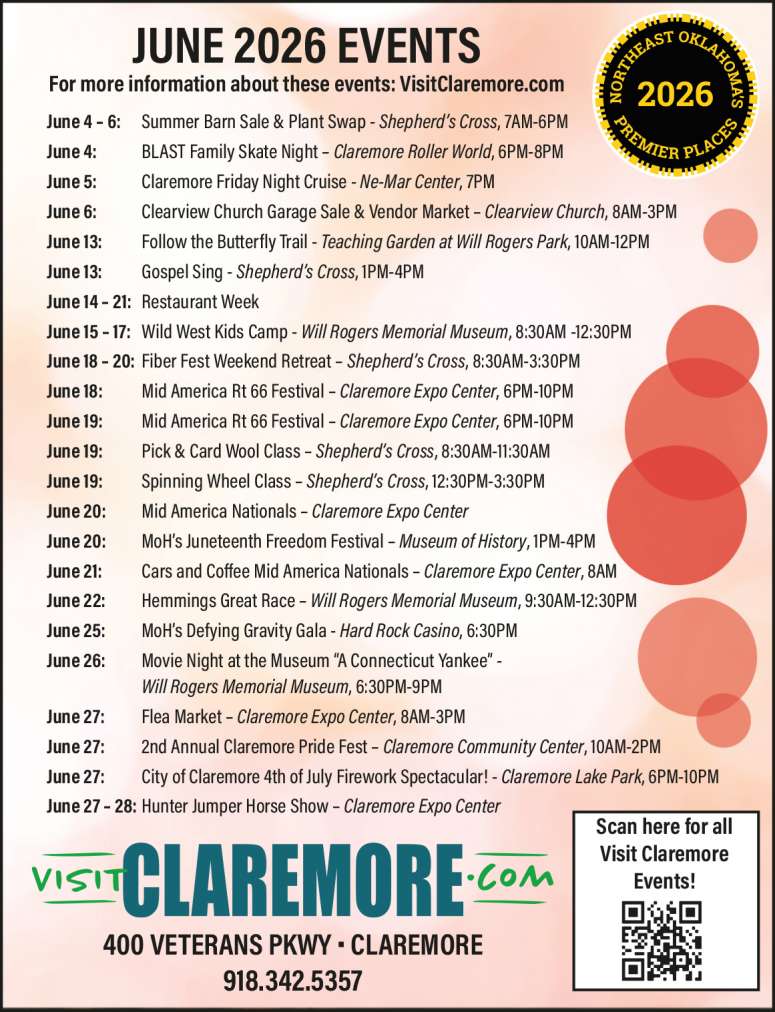 Calendar of events from Visit Claremore.