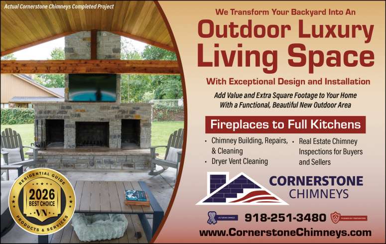 Custom-built outdoor living areas by Cornerstone Chimneys.