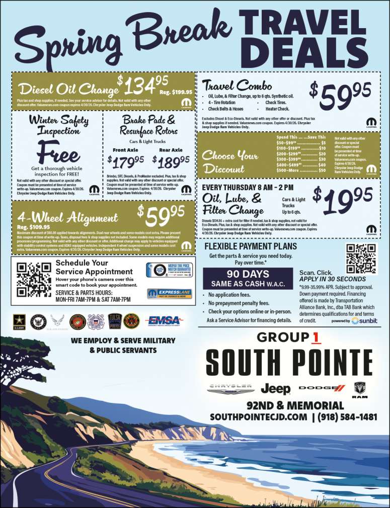 Service Coupons From Group 1 South Pointe Chrysler Jeep Dodge RAM in Tulsa.
