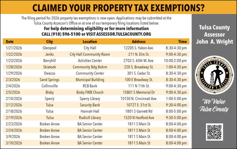 Times and locations for submitting 2026 Tulsa County property tax exemptions.