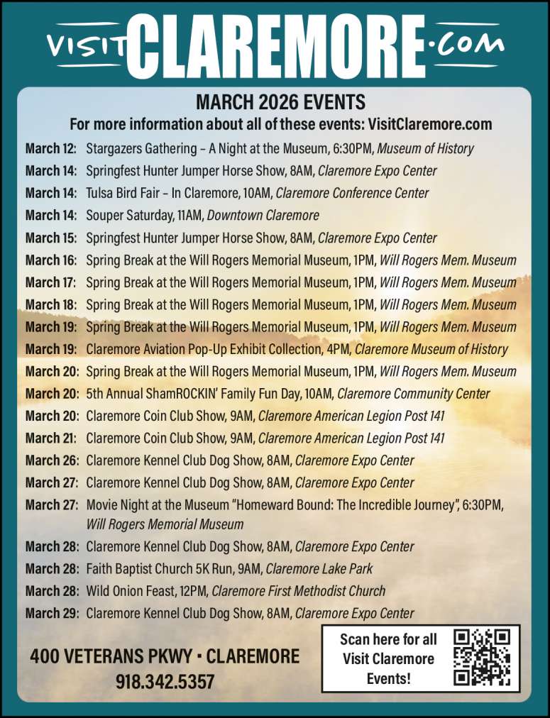 Calendar of events from Visit Claremore.
